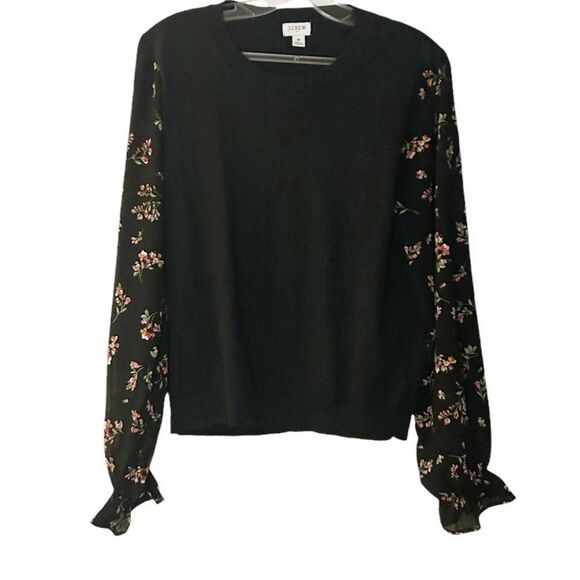J. Crew Black Sweater Woven Floral Sleeves Size Medium - Picture 1 of 9